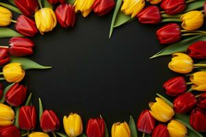 bovenaanzicht vlak leggen, rood tulp krans Aan helder geel, perfect voor groeten ai gegenereerd foto