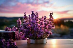 Purper lavendel schoonheid, aromatherapie essentieel oliën aanvulling de panoramisch visie ai gegenereerd foto
