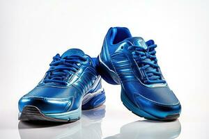 blauw sport- schoenen Aan wit achtergrond. generatief ai foto