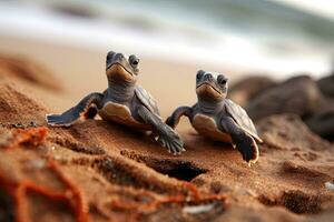 amfibie. veel baby schildpadden Aan de zanderig strand en kruipen naar de oceaan. zee schepsels. generatief ai foto