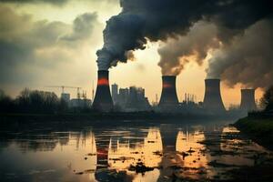 illustreren industrieel vervuiling, fabriek zendt uit dik pluimen van zichtbaar rook ai gegenereerd foto