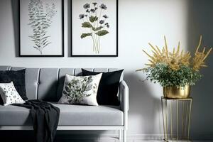 in een minimalistische leven kamer met een poster, bloemen zijn geplaatst De volgende naar een grijs sofa met kussens. echt afbeelding foto