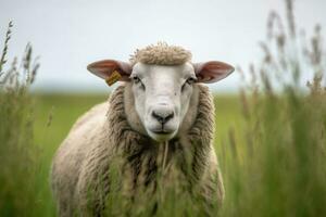 dier, dijk grappig schapen is op zoek Bij u van haar weide Aan boerderij achtergrond. schapen. generatief ai foto