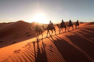 Arabieren met kamelen tour in de Sahara woestijn met begeleid Berber Dubai tour in ochtend. zonsopkomst. generatief ai. foto