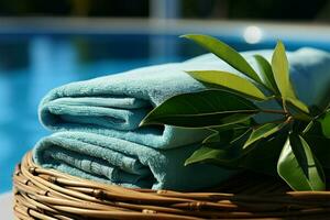 uitnodigend spa sfeer, blad en handdoek Aan koel blauw ai gegenereerd foto
