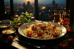 verhoogd dining beleven, rauw pasta, kers tomaten, en pepers, stad chique ai gegenereerd foto