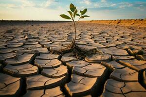 overleven de droogte, een boom staat veerkrachtig Aan gebarsten grond ai gegenereerd foto