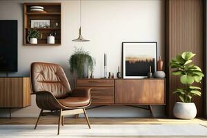 knus leven kamer met comfortabel meubilair en modern vermaak foto