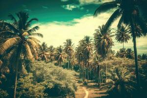 toneel- aarde weg met palm bomen onder een helder blauw lucht foto