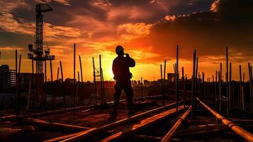 silhouet van ingenieur staand bestellingen voor bouw bemanningen naar werk Aan hoog grond zwaar industrie en veiligheid concept. generatief ai foto