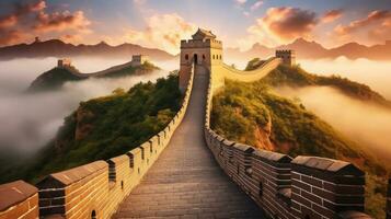 geweldig, Super goed muur van China nevelig ochtend- zonsopkomst. generatief ai foto