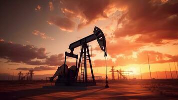 silhouet van olie pomp, industrieel uitrusting Bij zonsondergang, macht industrie machines voor produceren petroleum gas. generatief ai foto