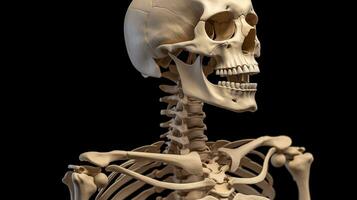 menselijk skelet, zwart achtergrond isoleren. wetenschappelijk lichaam anatomie, medisch expositie. ai gegenereerd. foto