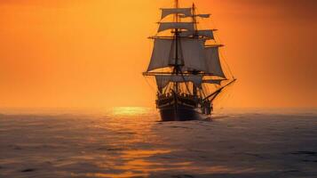 bark schip in de oceaan Bij zonsondergang. generatief ai foto