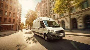 een wit minibus rennen Aan stad straten. in beweging en levering concept. generatief ai foto