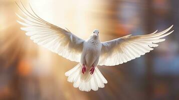 een wit duif Aan helder licht schijnt van hemel achtergrond. symbool van liefde en vrede daalt af van lucht. generatief ai foto