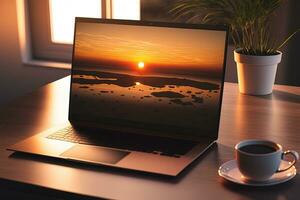bespotten omhoog van een zwart laptop scherm met een kop van koffie Bij zonsondergang en een glas tafel foto