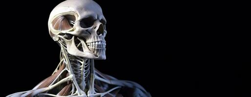anatomisch structuur van gespierd systeem van menselijk lichaam, donker achtergrond. ai gegenereerd. foto