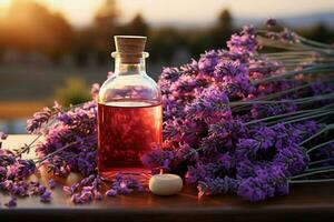 aromatisch en sereen lavendel panorama met essentieel olie flacons, zuiver gelukzaligheid ai gegenereerd foto