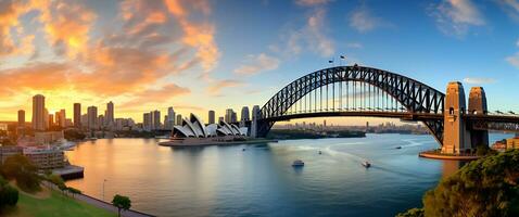 Sydney haven brug panoramisch visie Bij zonsondergang, Australië foto