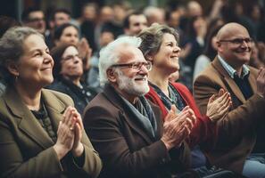 vrolijk senior Mens in bril is applaudisseren terwijl zittend Bij de conferentie hal foto