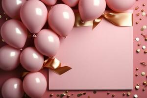 kader, ballonnen, confetti, verjaardag vlak leggen Aan roze tafel ai gegenereerd foto