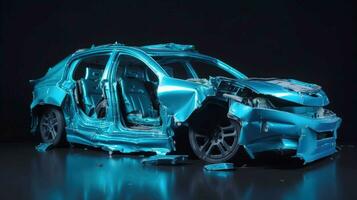 auto ongeluk, gebroken beschadigd lichaam metaal. leven verzekering, technologie. blauw auto zwart achtergrond. ai gegenereerd. foto