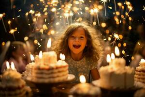 jong meisje blazen uit verjaardag taart kaarsen, omringd door spanning, vreugde, en de warmte van een speciaal viering. ai generatief foto