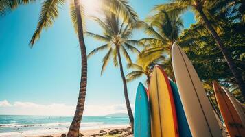 surfplanken naast kokosnoot bomen Bij zomer strand met zon licht en blauw lucht achtergrond ai generatief foto