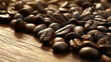 zoom foto van koffie bonen Aan hout tafel ai generatief