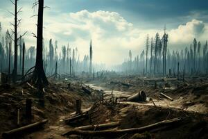 beeld van een gewist Woud Oppervlakte met een weinig resterend bomen, vertegenwoordigen de verwoestend Effecten van ontbossing ai generatief foto