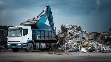 zwaar uitrusting in de voorkant van een vrachtauto dumping aambeien van afval, in de stijl van licht wit en azuur, generatief ai foto