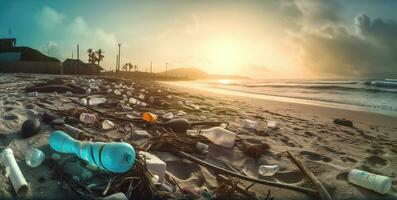 strand vol van vuilnis en plastic afval. generatief ai foto