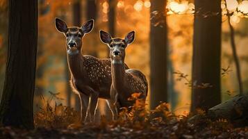 kalmte Bij zonsondergang - majestueus hert en doe in de bossen, generatief ai foto