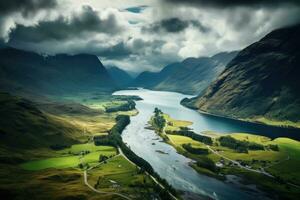 antenne visie van Glencoe in Schotland, Verenigde koninkrijk, Europa. antenne visie van Glencoe en de bergen omgeving de klein stad- in Schotland, ai gegenereerd foto