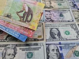 benadering van Costa Rica-bankbiljetten en achtergrond met Amerikaanse dollarbiljetten american foto