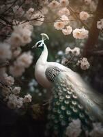 een mooi voorjaar tafereel van lente, met mooi wit pauw glinsterende veren, lang mooi sieraden stippel veren. wit Pauw neergestreken Aan takken van perzik bloesems, ai generatief foto