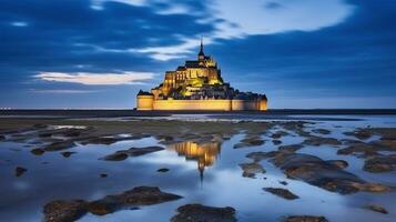 laag tij Aan de kust en visie naar de kasteel met nacht lichten in Normandië, generatief ai foto