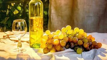 een fles van wijn en wit druiven in de zon, in de stijl van lichtgevend kleur palet, generatief ai foto
