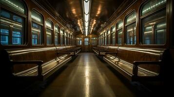 een metro auto gevulde met veel van houten banken, gespiegeld, ai generatief foto