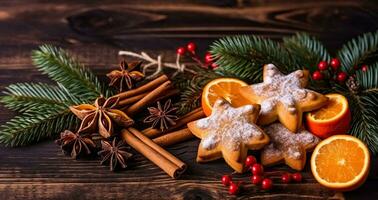 Kerstmis achtergrond met kaneel sterren en stokken, droog sinaasappels en ster anijs, generatief ai foto