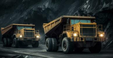 getuige zijn de machtig mijnbouw dump vrachtwagens in actie binnen een steenkool de mijne, generatief ai foto