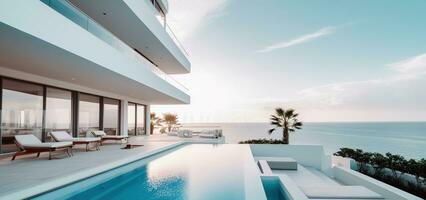 luxe modern wit strand hotel met zwemmen zwembad. zee visie. zonnebank Aan zonnedek voor vakantie huis of hotel. generatief ai foto