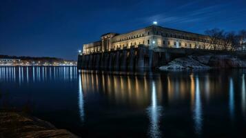 mooi nacht van de hydro-elektrisch macht fabriek Aan de rivier, schemering, lang blootstelling, generatief ai foto