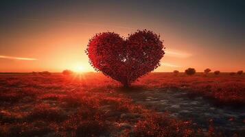 liefde voor natuur - hart boom - rood landschap Bij zonsondergang, generatief ai foto