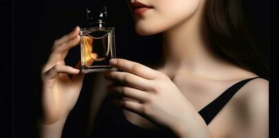 mooi jong vrouw met fles van parfum Aan donker achtergrond, detailopname, ai generatief foto