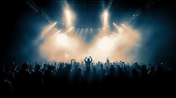 silhouet van concert menigte in voorkant van helder stadium lichten. donker achtergrond, rook, concert schijnwerpers, disco bal. menigte Bij concert. generatief ai foto