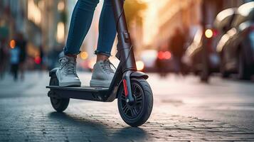 dichtbij omhoog van vrouw voeten Aan een elektrisch scooter, met een wiel in de voorgrond. generatief ai foto
