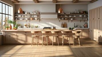 houten keuken huis in middag ai generatief foto