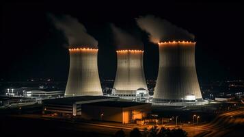 nacht lichten van nucleair macht station, generatief ai foto